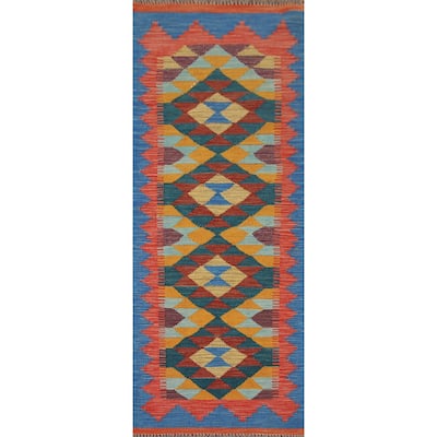 Geometric Multicolor Kilim Runner Rug Hand-Woven Wool Carpet - 2'2"x 6'6"