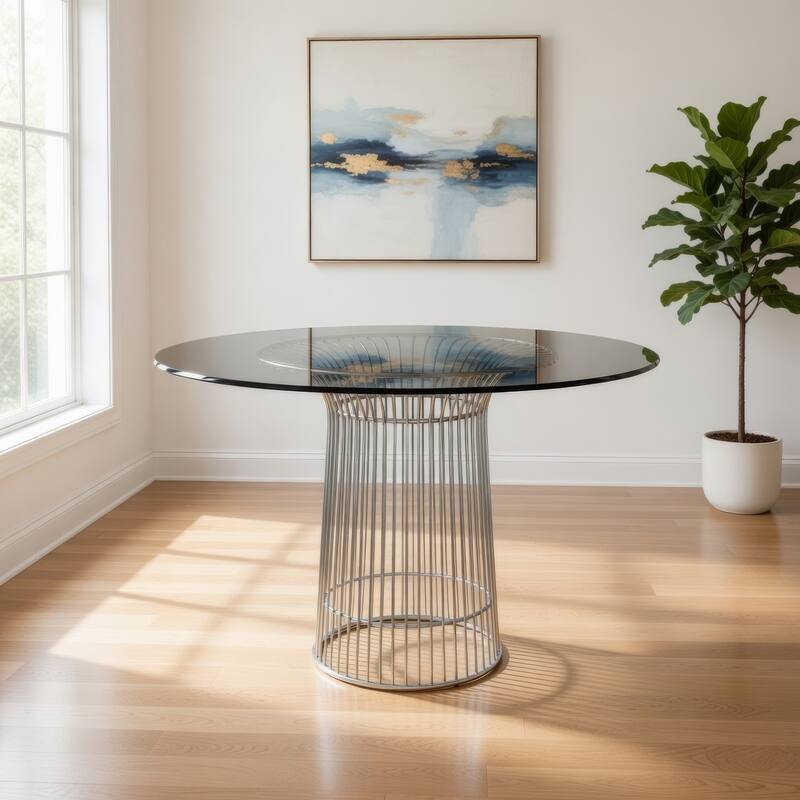 Pima 40 Inch Dining Table, Round Tempered Glass Top, Open Padestal Base