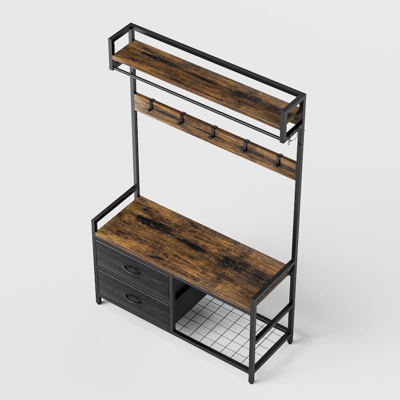 Anmytek 33.1 Inch Wide Hall Tree Entryway Bench with Shoe Storage Shelves Garment Racks 23 Hooks and 2 Movable Drawers