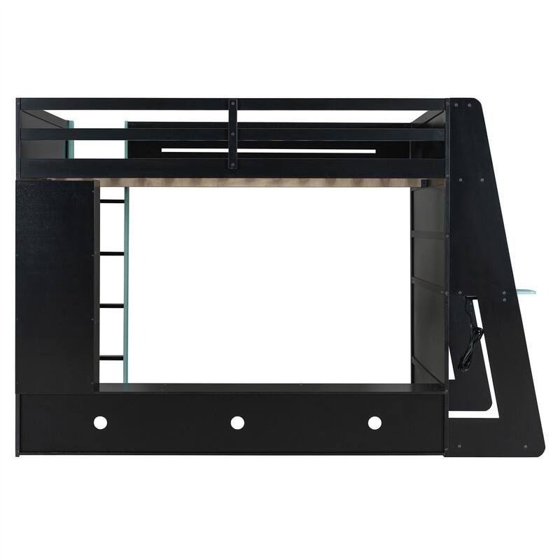 Full Size Loft Bed with Bulit-in Desk and RGB Light, Wooden Loft Bedframe w/ Multi-storage Shelves & Ladder, Kids Playhouse Bed