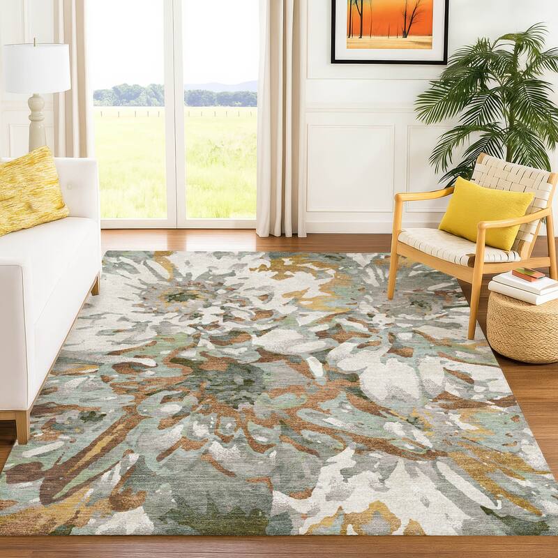 Machine Washable Indoor/ Outdoor Abstract Floral Chantille Rug