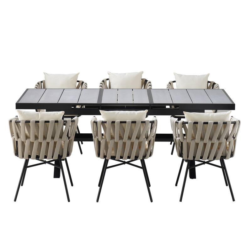 7-Piece Outdoor Extendable Dining Set with Extendable Table and 6 Woven Chair