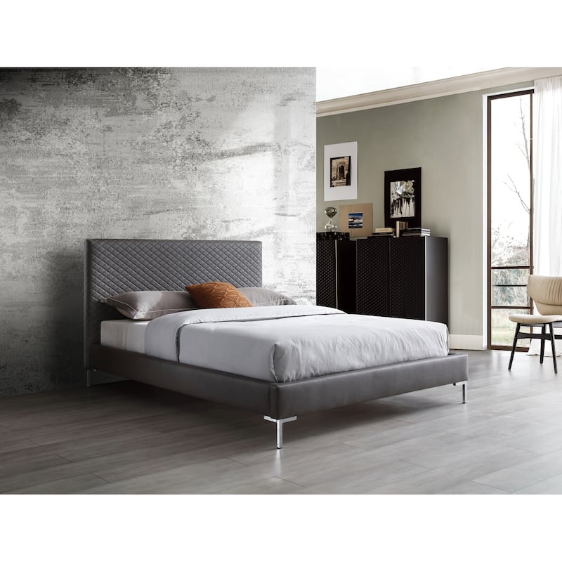 Elegant Full Bed - Dark Gray Upholstered Platform Bed with Chrome Legs - Modern Bedroom Furniture