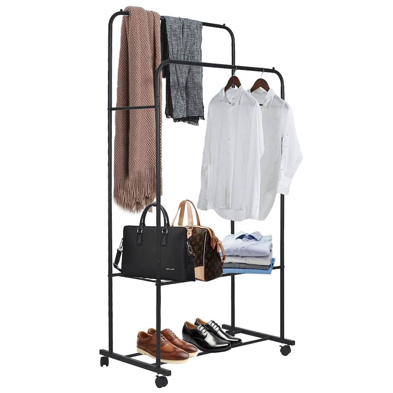 Metal Double Rail Clothes Stand on Wheels