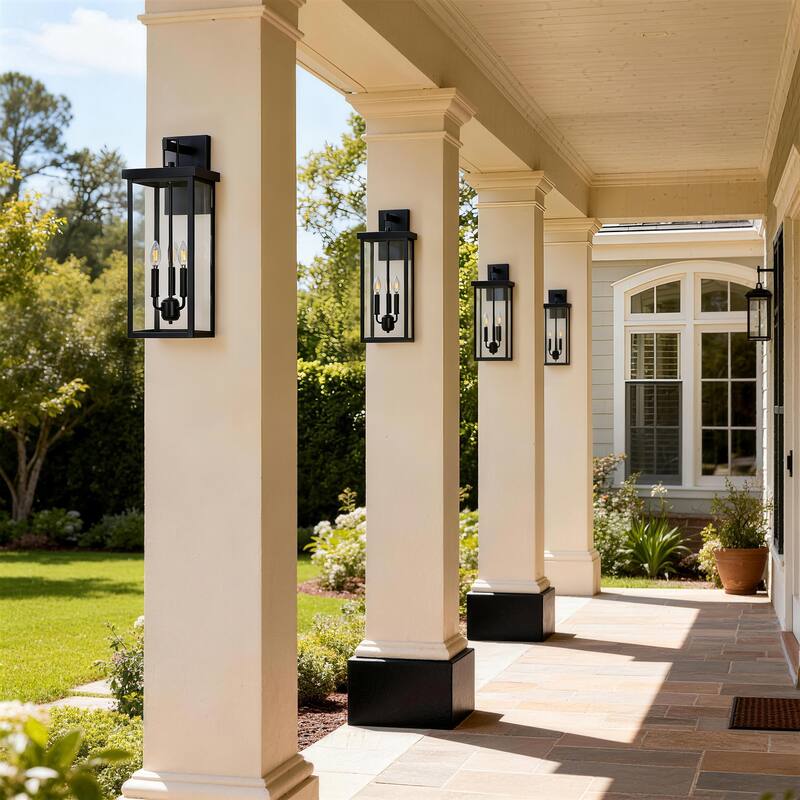 3-light Metal Outdoor Wall Sconce Candle Bulb Lantern(4-pack) - Black - Medium