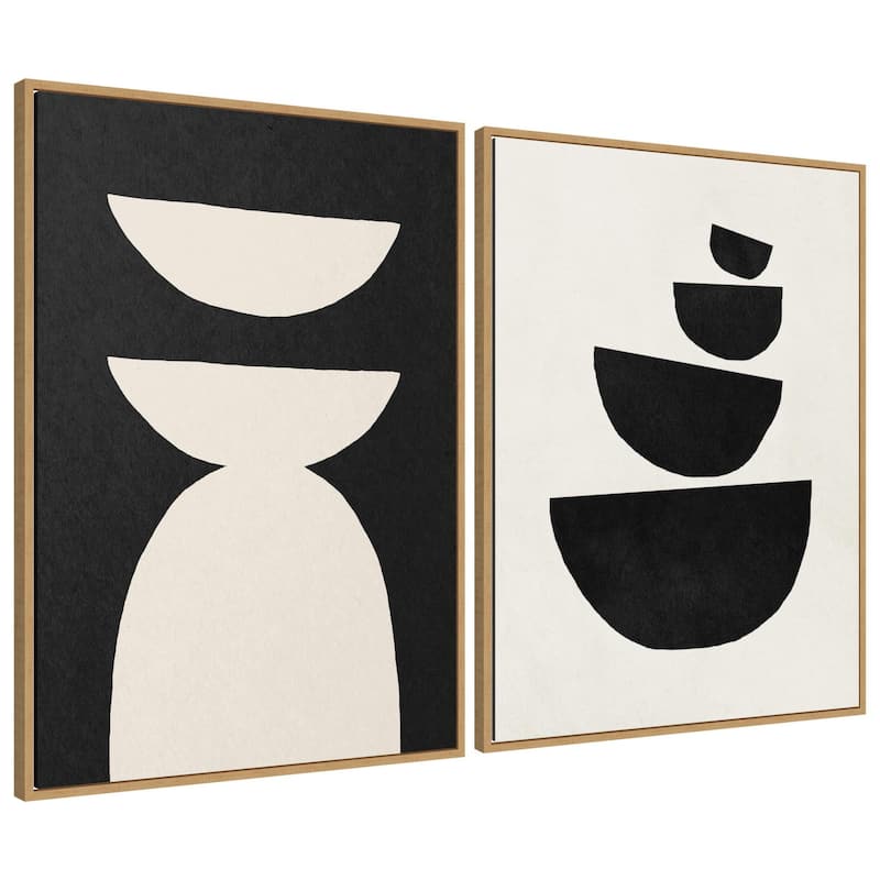 Kate and Laurel Sylvie White Geometric Abstract and Black Geometric Abstract Framed Canvas Art Set by July Art Prints - 2 Piece Set 28x38 - Natural