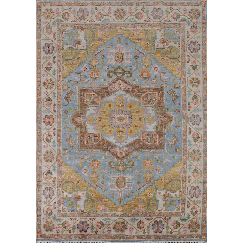 Blue Geometric Heriz Serapi Indian Area Rug Handmade Wool Carpet - 7'10"x 10'0"