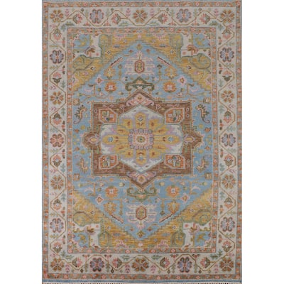 Blue Geometric Heriz Serapi Indian Area Rug Handmade Wool Carpet - 7'10"x 10'0"