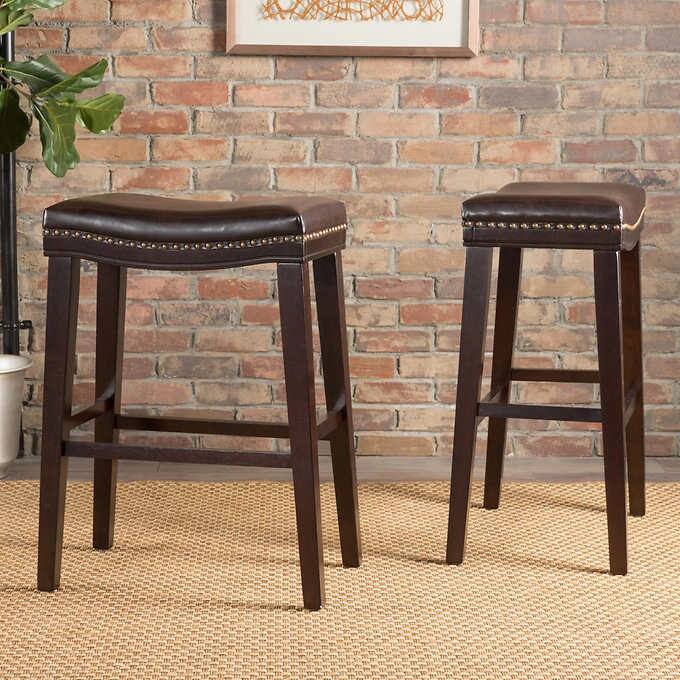 26" Contemporary Upholstered Saddle Counter Stool with Nailhead Trim (Set of 2), Dark Brown