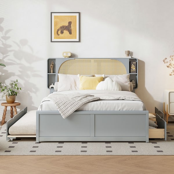 slide 2 of 13, Queen Rattan Headboard Bed Frame with Storage Drawers and Pull-Out Trundle, Elegant Design, Durable Slat Support, Grey Grey