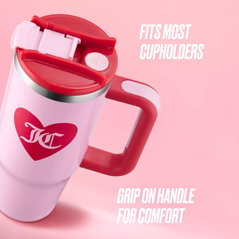 Juicy Couture Jetsetter Hydration Stainless Steel Tumbler with Handle and Straw With Topper