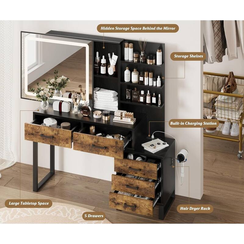 Makeup Vanity Desk with Sliding Mirror and Lights