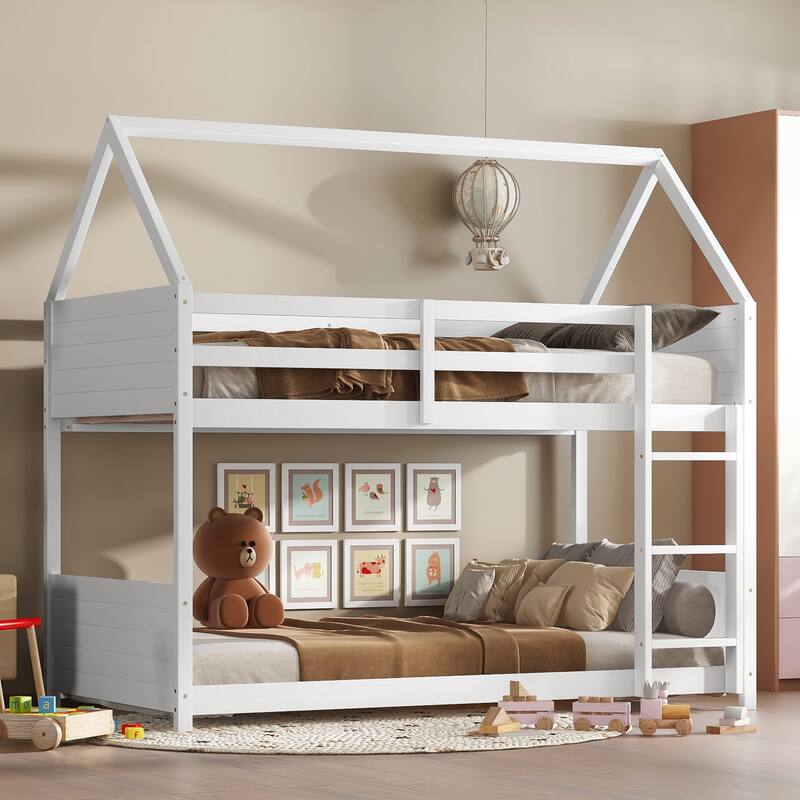 Twin Over Twin House Bunk Bed with Playful Roof Design Safety Guardrails & Ladder (250lb Capacity)