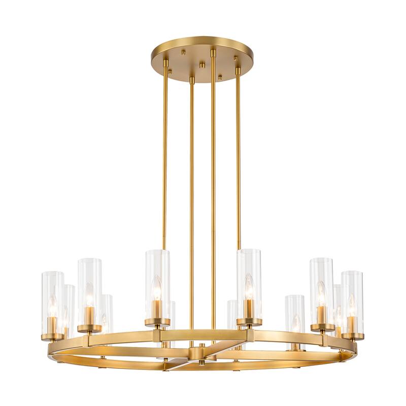12-Light Mid-Century Modern Gold/Black Clear Glass Large Wagon Wheel Chandelier for Dining Room/ Living Room