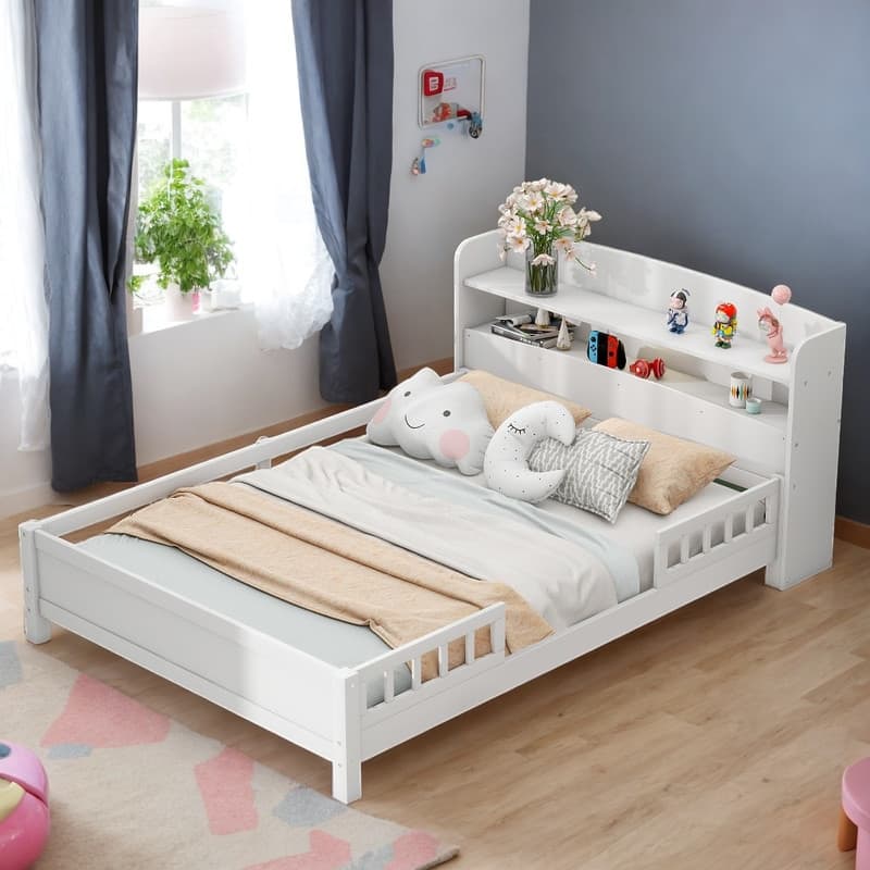 Wooden Full Size Kids Platform Bed with Storage Headboard and LED Light