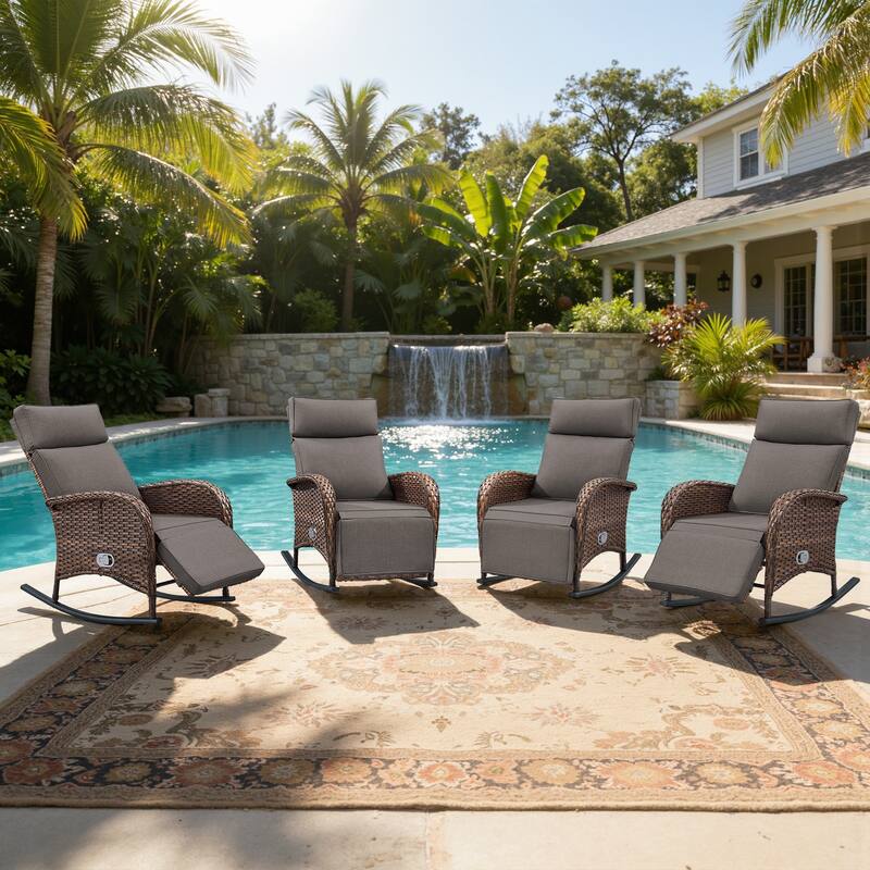 Meyreso Wicker Rocking Reclining Chaise Lounge with Adjustable Backrest & Footrest (4-Pack) - Grey