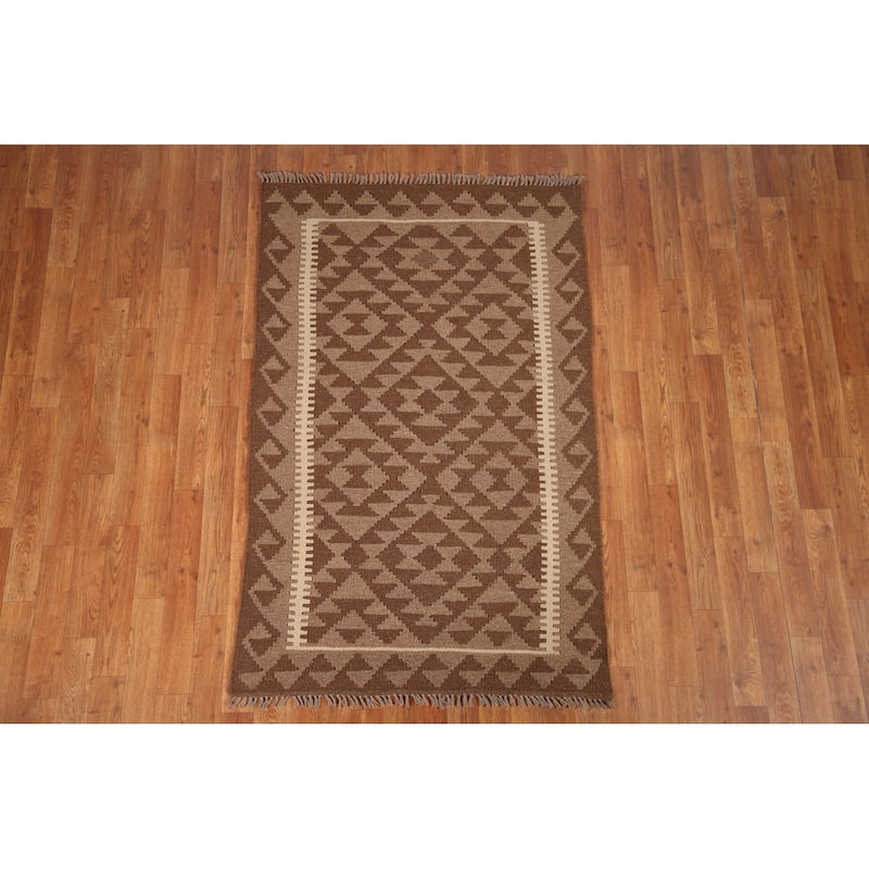 Brown Reversible Kilim Oriental Area Rug Hand-woven Wool Foyer Carpet - 3'3" x 5'2"