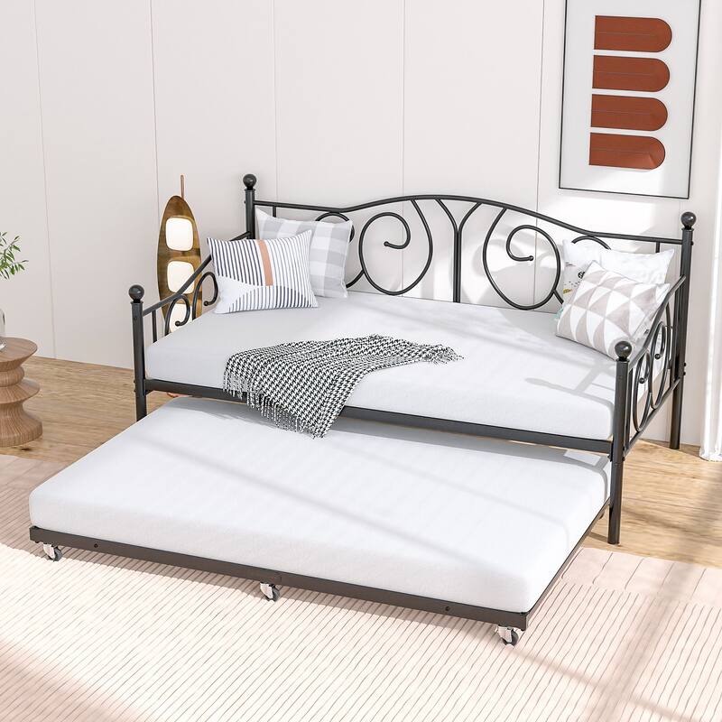 VECELO Metal Twin Size Daybed with Roman Column Legs Scroll Design Heavy Duty 350 lbs Capacity Sofa Bed for Living Room