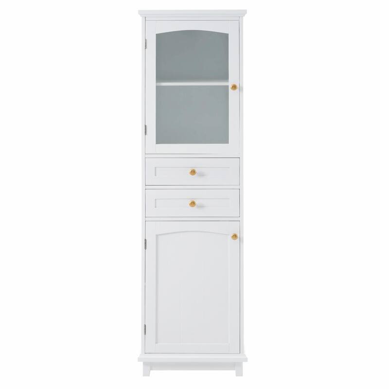 Tall Free-Standing Bathroom Storage Cabinet with Glass Doors and Two Drawers