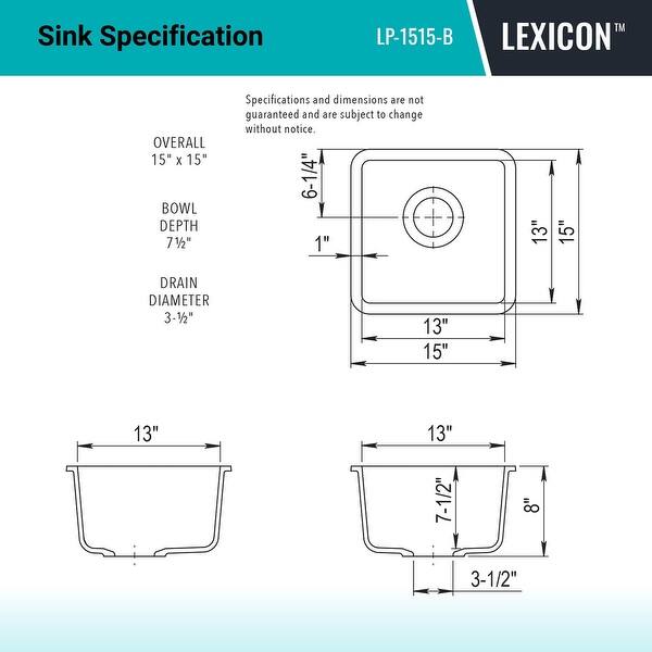 dimension image slide 5 of 6, Lexicon Undermount Quartz 15 Inch Single Bowl Kitchen Sink Kit
