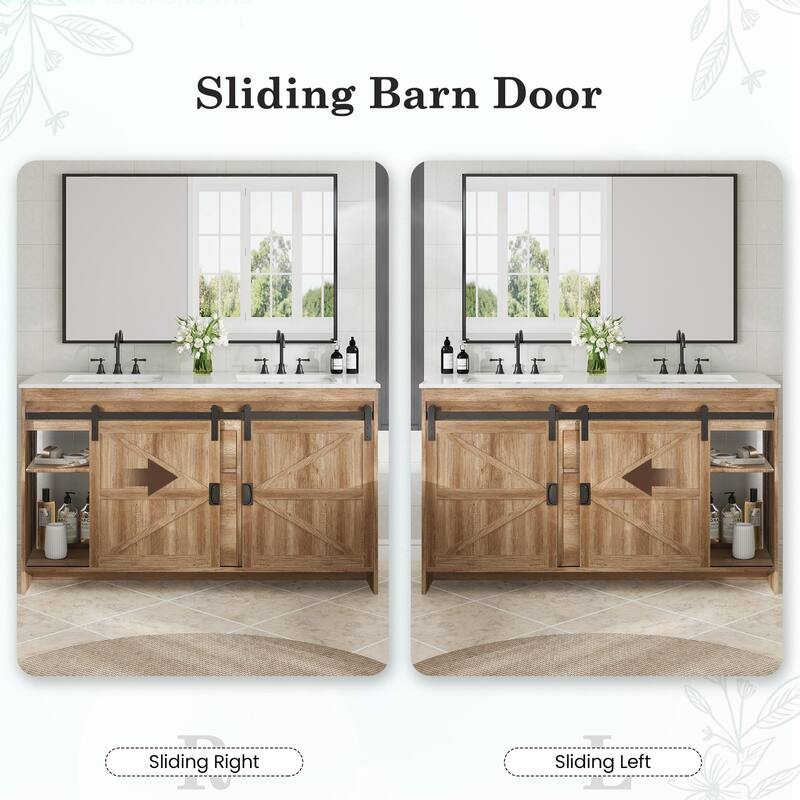 EROMMY Farmhouse Bathroom Vanity with Ceramic Top and Sliding Barn Door Sink Cabinet