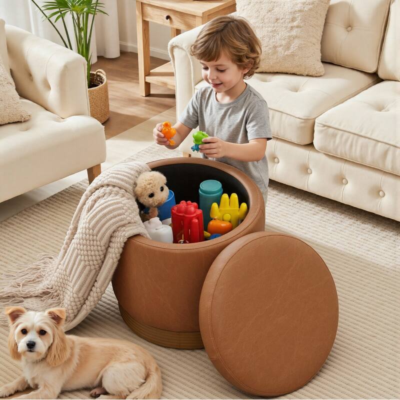 Round Swivel Storage Ottoman Footstool with Flip-top and Acacia Frame