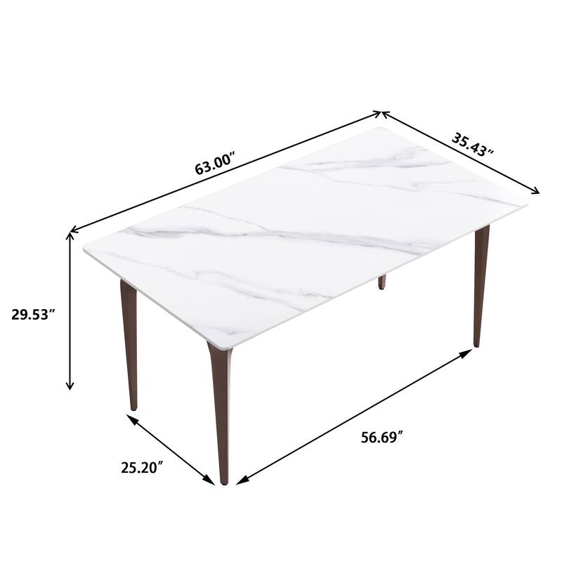 63" Light Luxury Marble Dining Table, Rectangular Sintered Stone Top and Carbon Steel legs