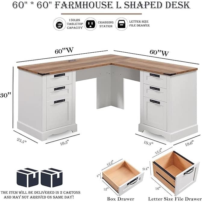 60" Farmhouse L Shaped Executive Desk, Wood Corner Desk, Computer Desk