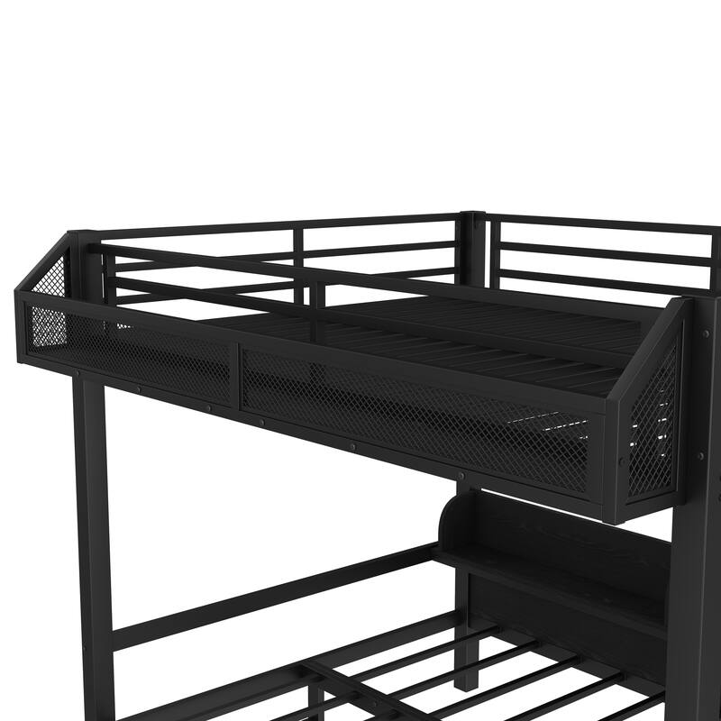 Queen over Queen Bunk Bed with Storage Shelves and Drawers,Multifunctional Metal Bunk Beds with USB Ports and LED,Black