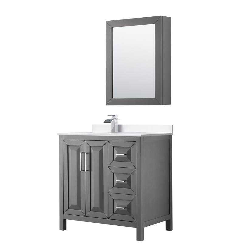 Daria 36-inch Single Vanity, Cultured Marble Top, Med Cabinet - Dark Gray, Chrome Trim, White Cultured Marble Top