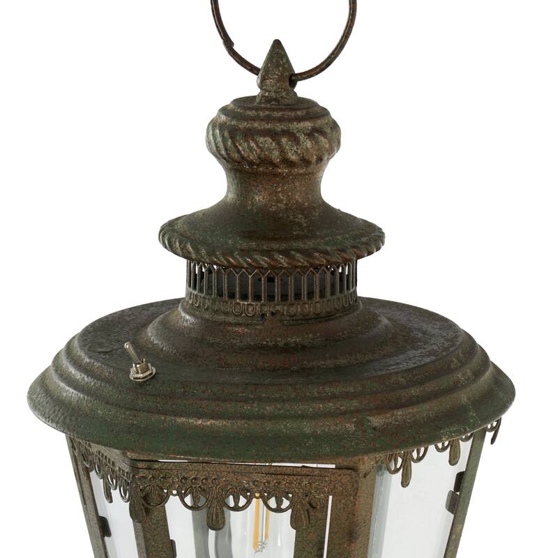 Brown Metal Lighthouse Style Decorative Indoor Outdoor Candle Lantern with Ring Handle - 8"W x 8"L x 16"H