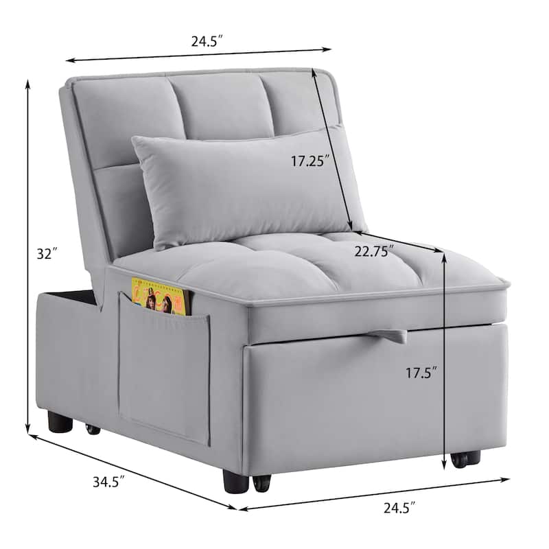 Gray Velvet Folding Sofa Bed with Adjustable Backrest