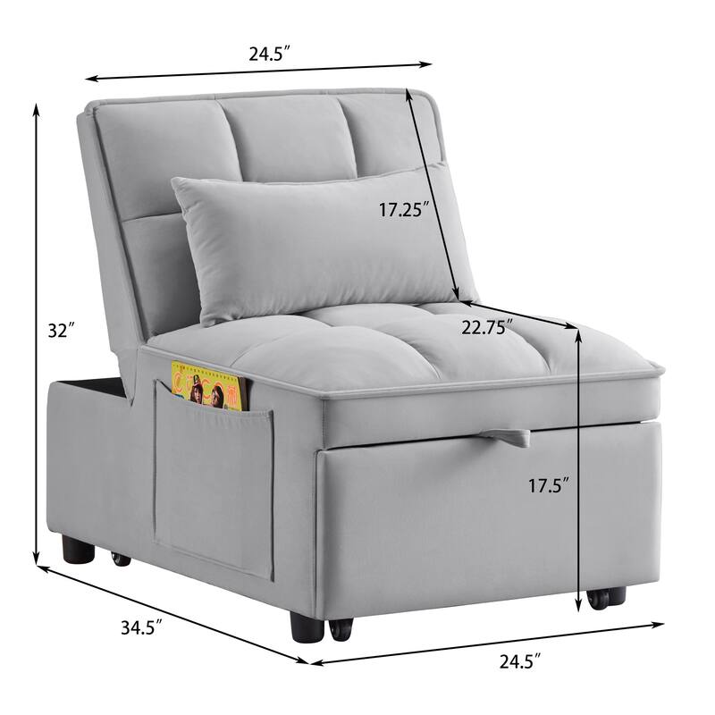 Velvet Multi-Function Chair Bed with Adjustable Backrest, Storage Pockets and Convertible Chaise Design