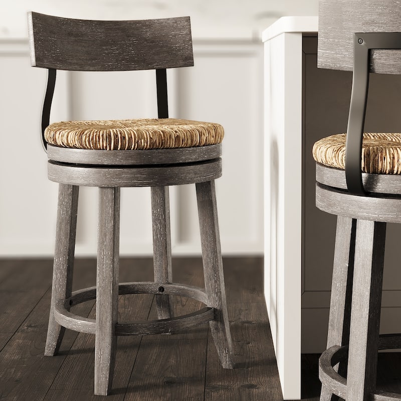 Farmhouse Swivel Wood and Steel Bar Stool with Natural Seagrass Seat - Reclaimed Gray - Counter Height