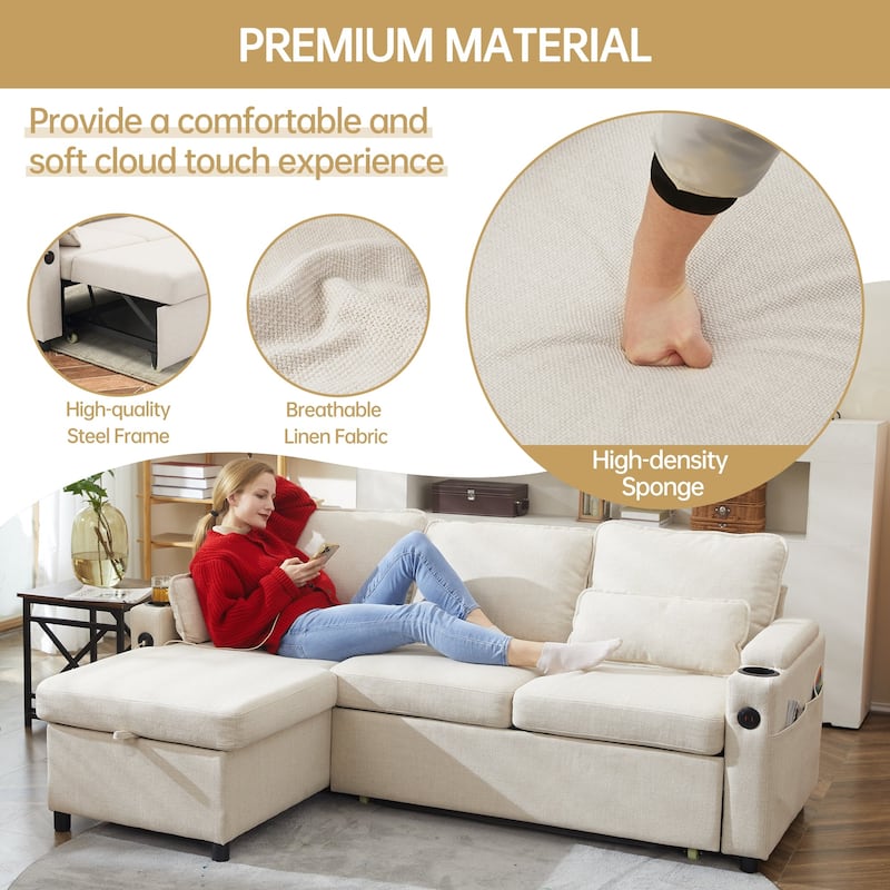 Convertible Sleeper Sofa 3-in-1 Pull Out Sectional Sofa Bed L/U-Shaped Couch with Storage Chaise