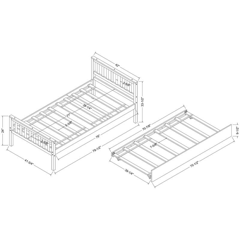 Twin Size Wooden Platform Bed with Trundle, Headboard and Footboard, Space-Saving Design for Guest or Small Bedroom