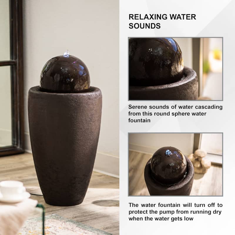 XBrand 25.98"H Modern Round Stone Textured Sphere Water Fountain w/LED Lights, For Indoor/Outdoor, Ball Water Fountain