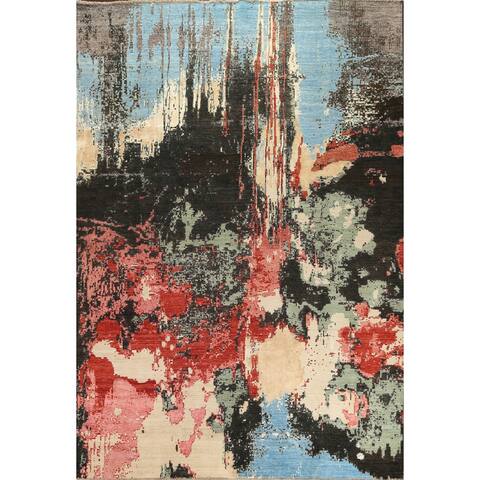 Vegetable Dye Wool/ Silk Abstract Oriental Area Rug Handmade Carpet - 9'11" x 12'6"