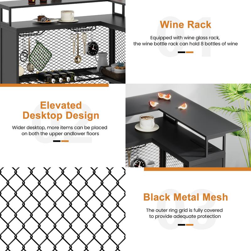 EROMMY L Shaped Bar Cabinet, 4-Tier Bar Table with Wine Rack and LED Lights, Corner Bar Stand with Storage, Liquor Cabinet
