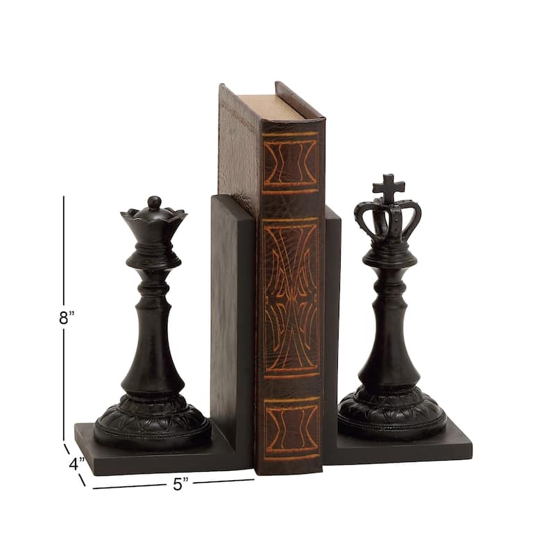 Black Polystone Chess Decorative Bookends with King and Queen (Set of 2)