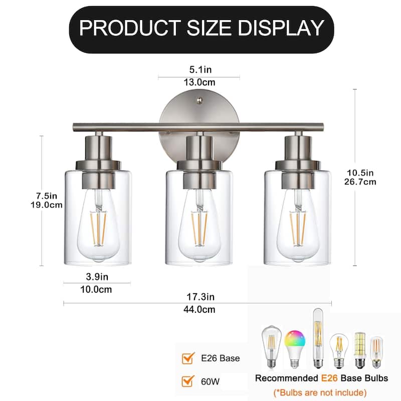 3-Light Bathroom Light Fixtures, Brushed Nickel Modern Vanity Lights Over Mirror with Clear Glass Shade, Bathroom Wall Lamp