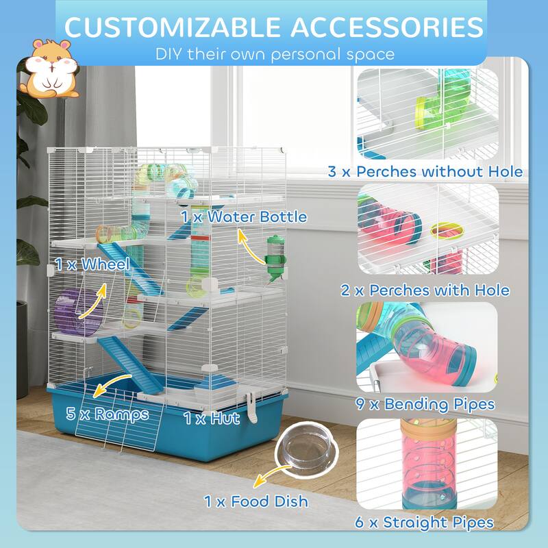 PawHut Hamster Cage, 6 Tier Small Animal Cage with Tubes and Tunnels, 32" DIY Design Large Hamster Cage with Hut, Light Blue