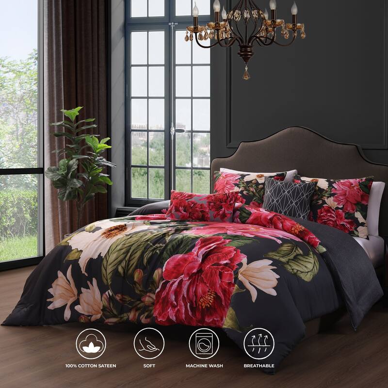 Bebejan Flower Garland 220 Thread Count 100% Cotton Sateen 5 Piece Reversible Comforter Set