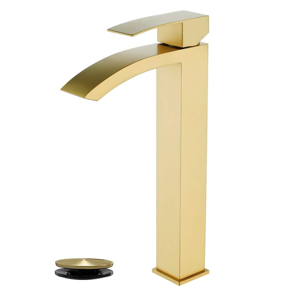 Waterfall Single Handle Bathroom Vessel Sink Faucet with Pop-up Drain 304 Stainless Steel 1 Hole High Tall Basin Vanity Faucets