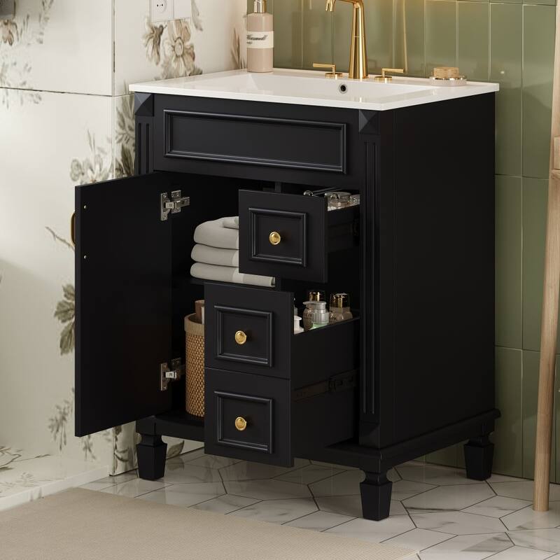 24" Modern Bathroom Vanity with Ceramic Sink and 2 Drawers, Adjustable Shelf
