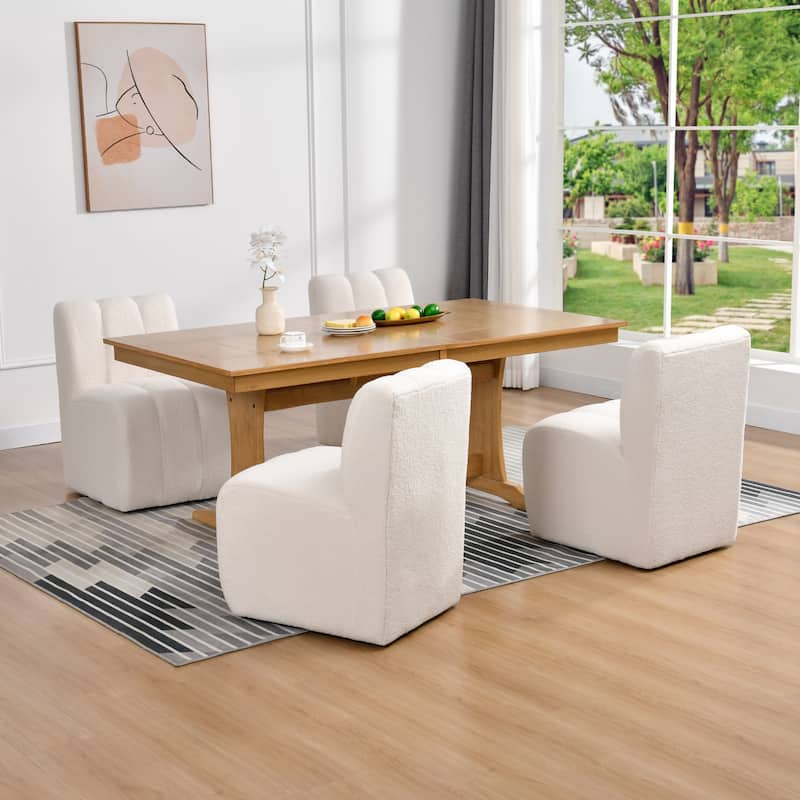 Upholstered Rolling Dining Chair with Casters - Set of 4 - Faux Sheepskin
