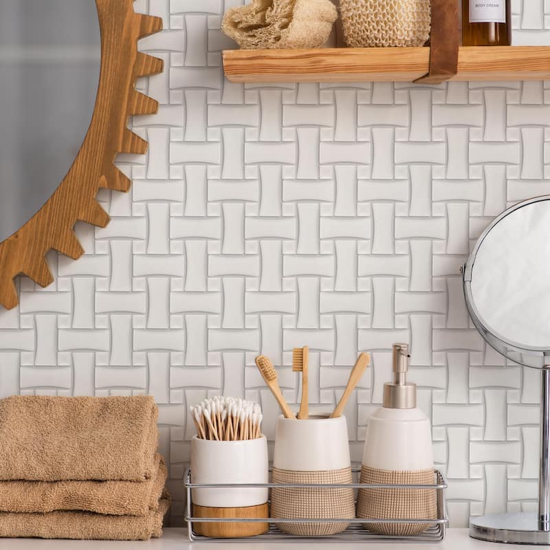 Merola Tile Metro Dog Bone Basketweave Matte White w/Glossy White Dot 10" x 10" Porcelain Mosaic Tile - Case (10 Tiles)