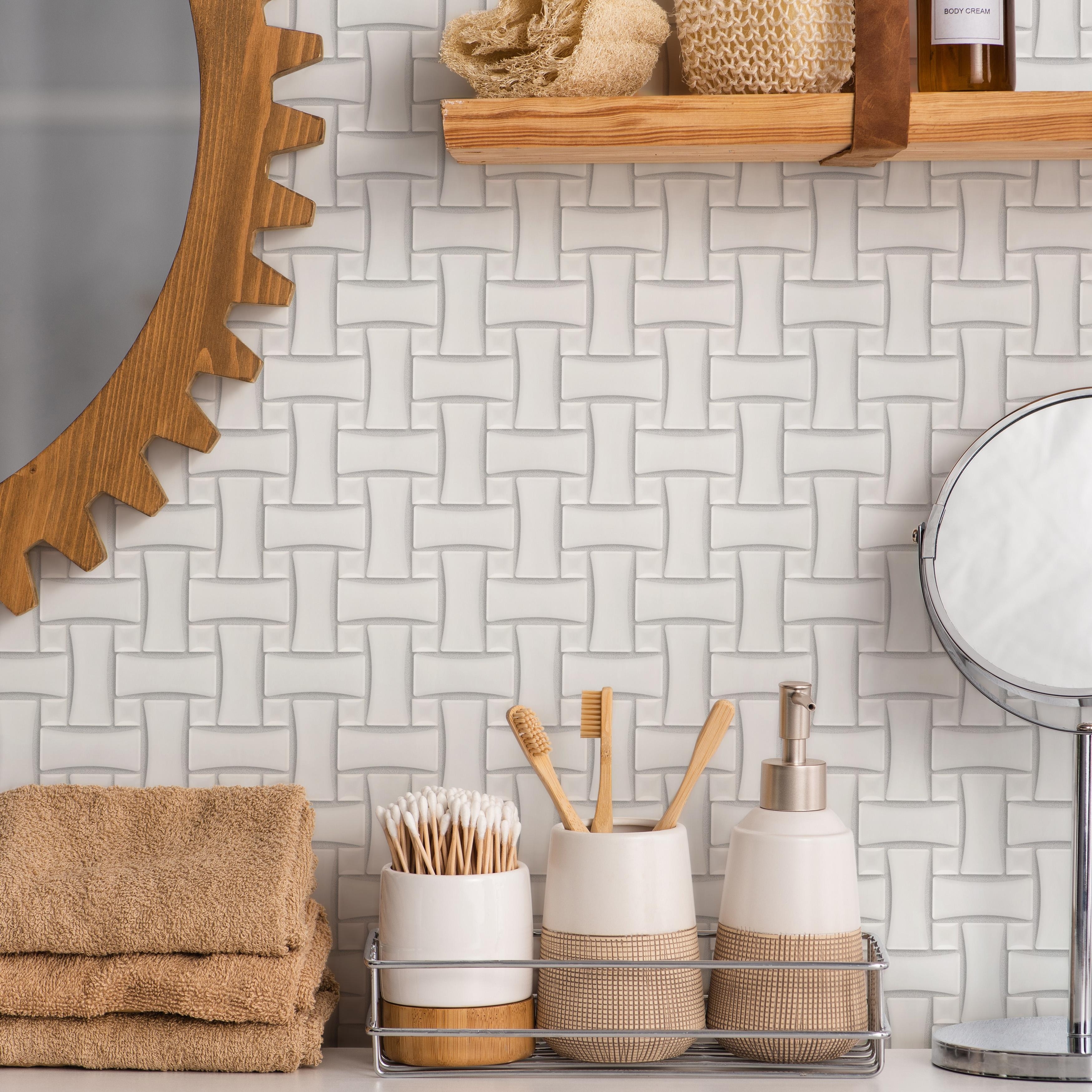 Merola Tile Metro Dog Bone Basketweave Matte White w/Glossy White Dot 10" x 10" Porcelain Mosaic Tile