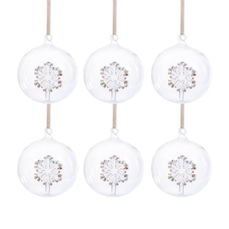 Clear Glass Ball Ornaments with Holiday Snowflake Motif, Set of 6, 4"