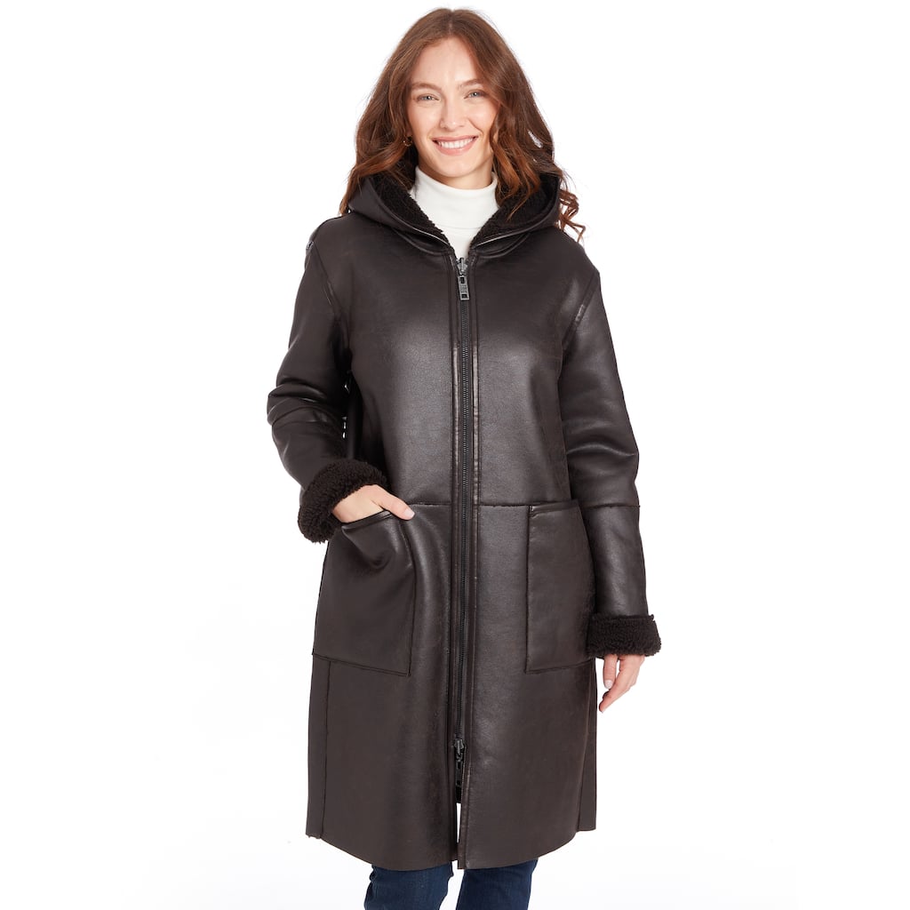 FRYE Women's Hooded Reversible Faux Leather and Sherpa Coat